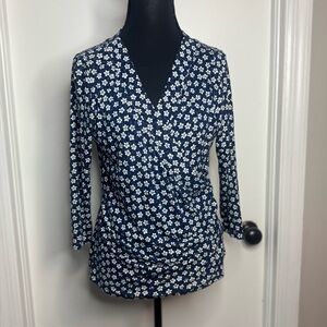 Ralph Lauren Navy & White Floral Wrap Stretchy Jersey Women Top Size P Large